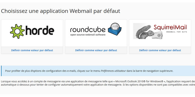 Capture écran de la sélection du webmail